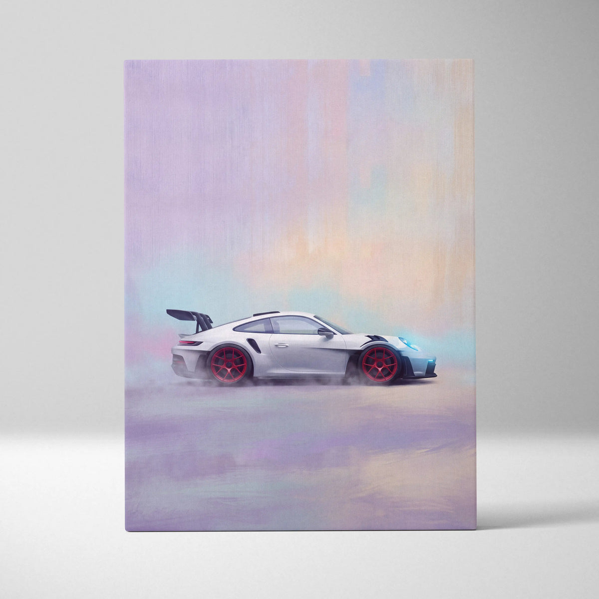 Porsche 911 gt3 rs inspired car wall art featuring a sleek silver gt3 with red wheels and black spoiler on canvas print