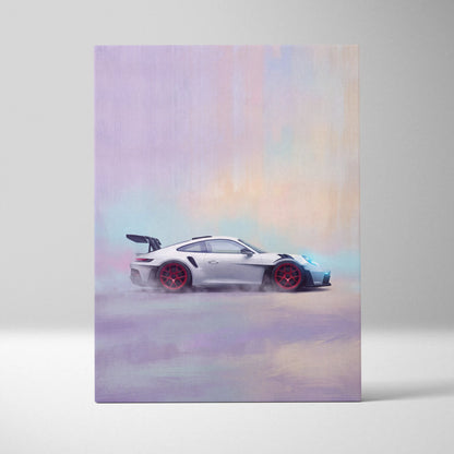 Porsche 911 gt3 rs inspired car wall art featuring a sleek silver gt3 with red wheels and black spoiler on canvas print