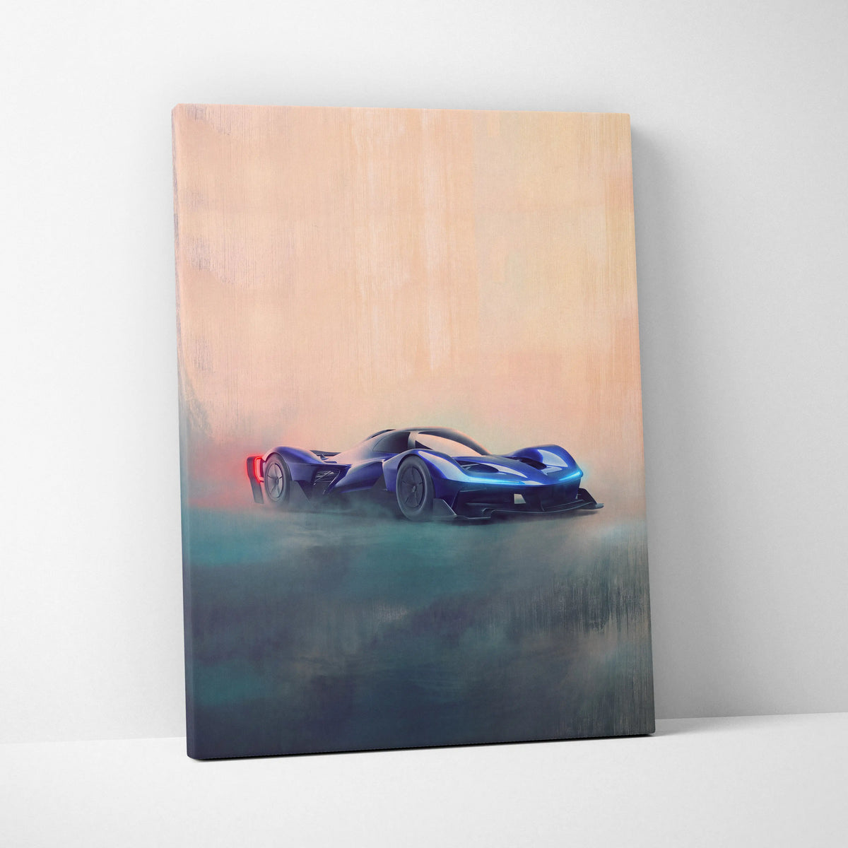 Blue futuristic sports car painting on canvas in redbull rb17 inspired luxury supercar wall art print