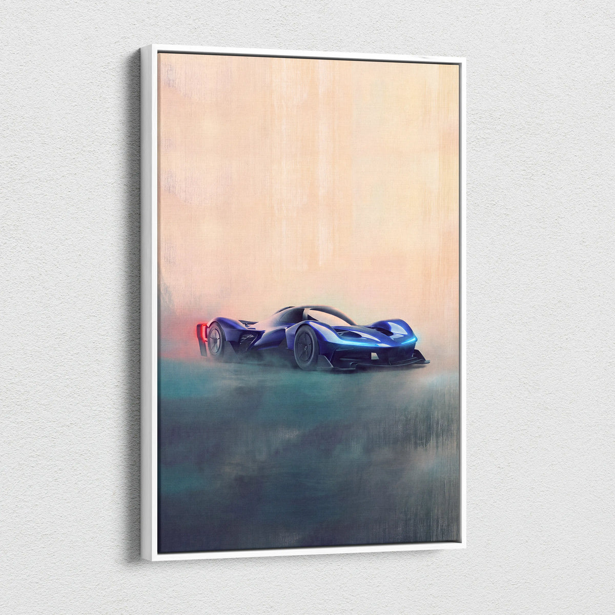 Blue futuristic race car artwork in a white frame redbull rb17 inspired automotive wall art luxury supercar canvas print