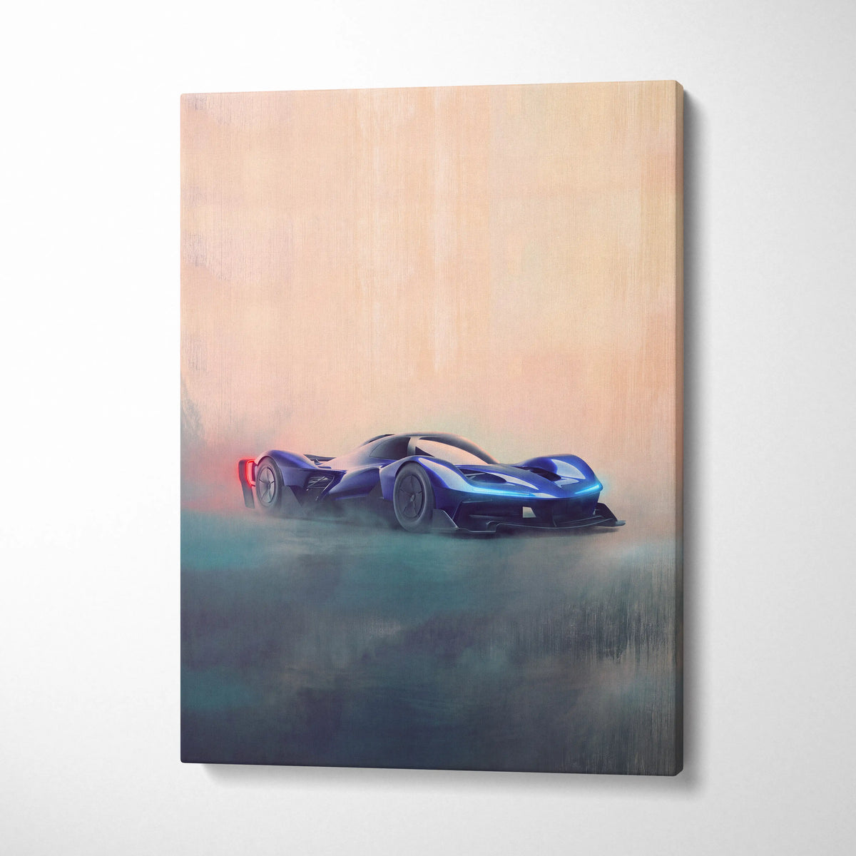 Redbull rb17 inspired automotive wall art featuring a sleek blue racing car in dynamic motion on canvas print