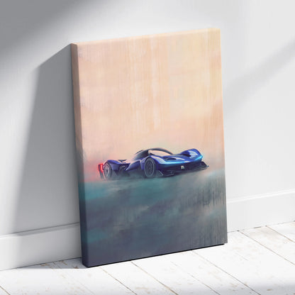 Blue and black futuristic race car canvas print inspired by redbull rb17 leaning against a white wall