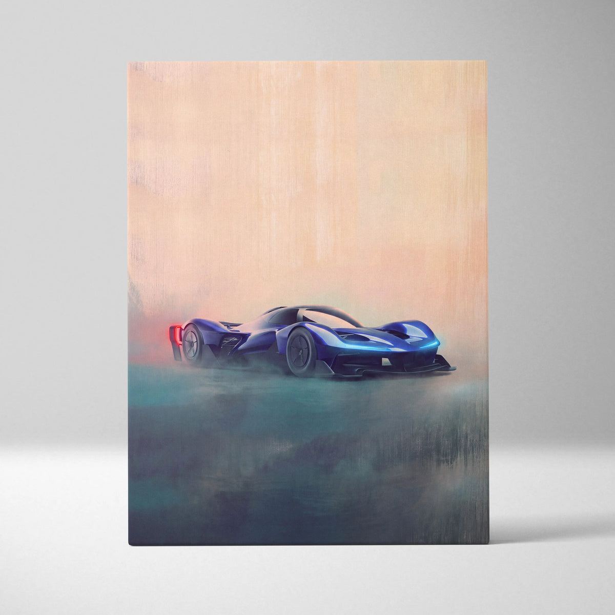 Blue futuristic sports car with glowing accents featured in redbull rb17 inspired luxury supercar canvas print wall art