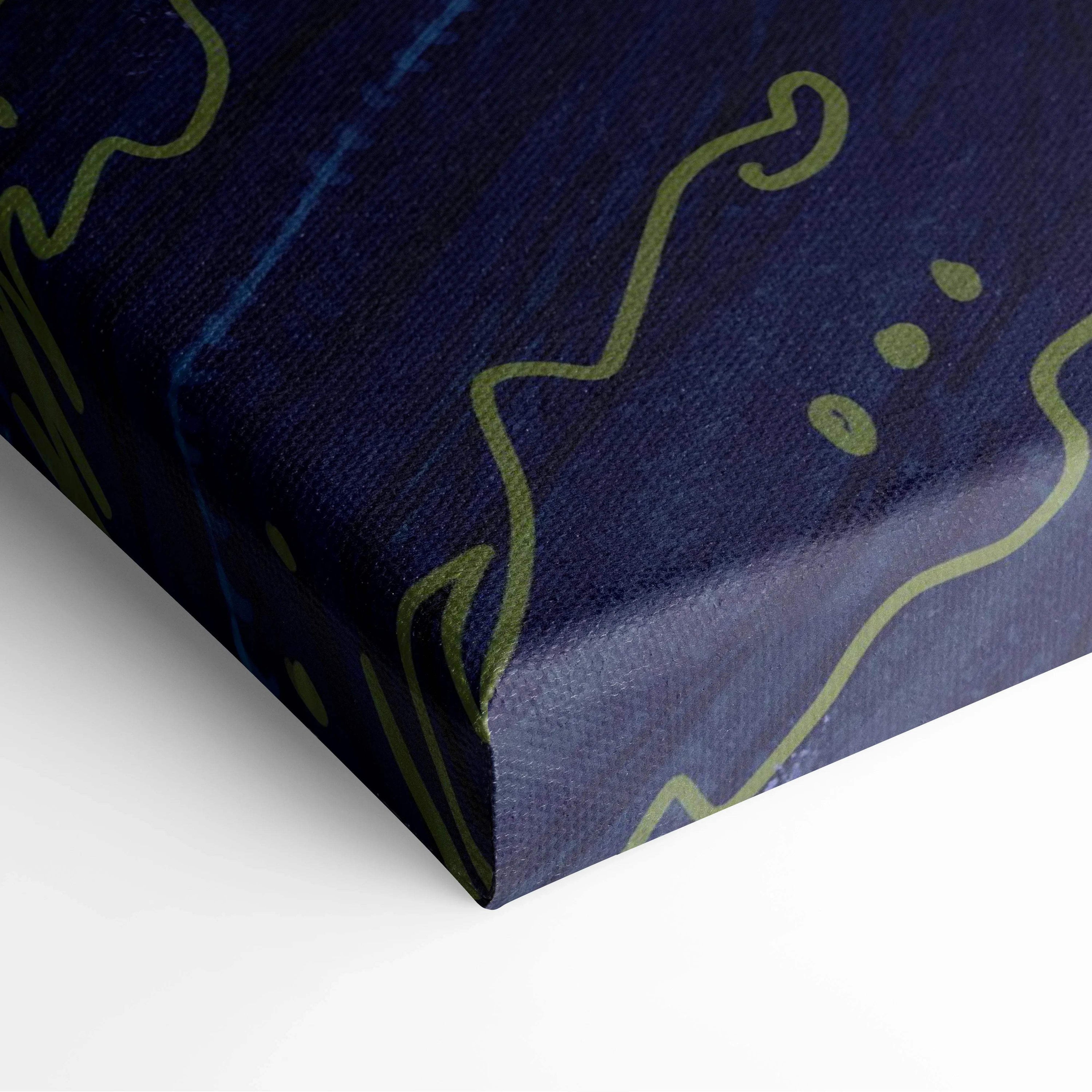 Dark blue canvas print with olive-green wavy lines, epic fantasy dragon art