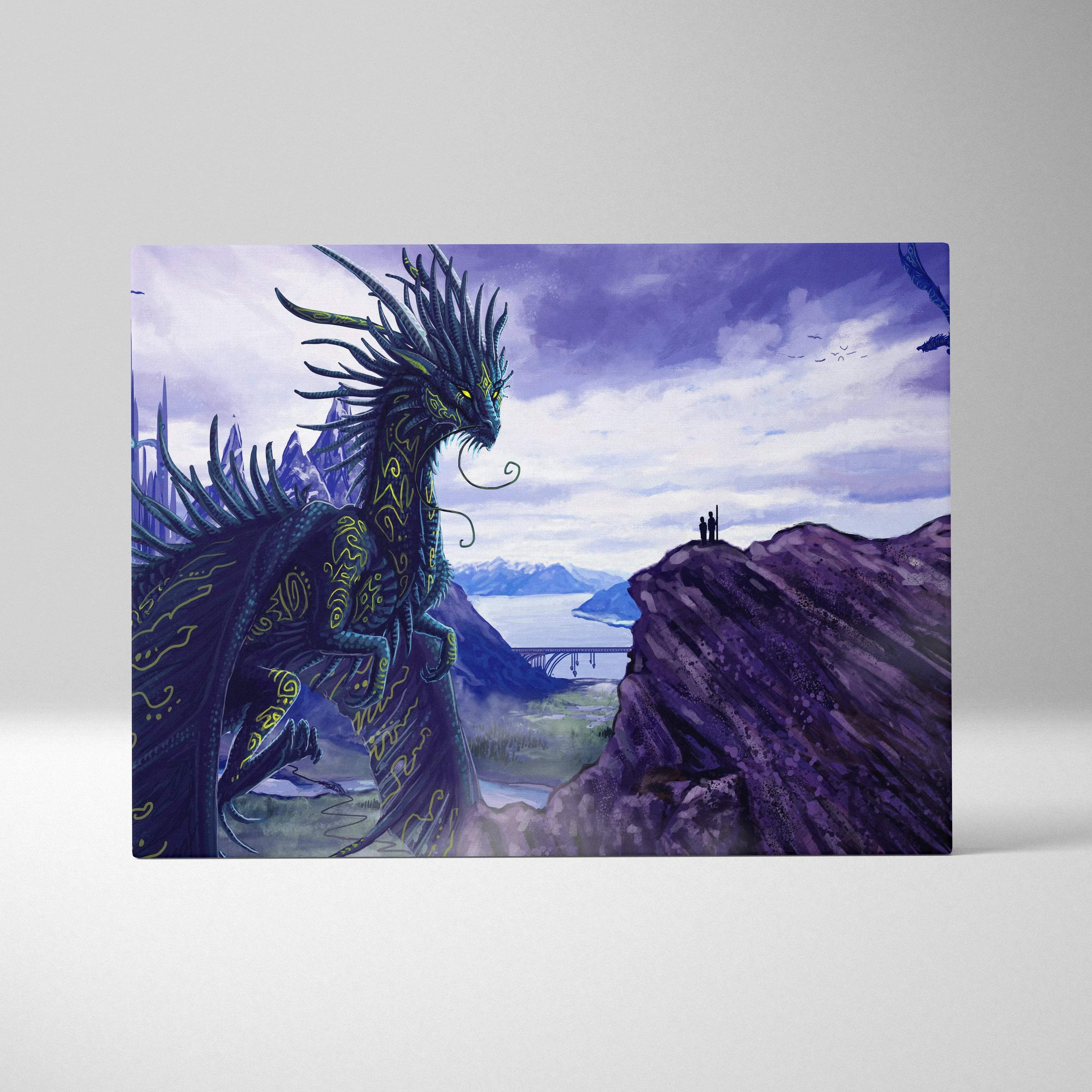 Epic dark green dragon with gold patterns over purple futuristic city canvas art