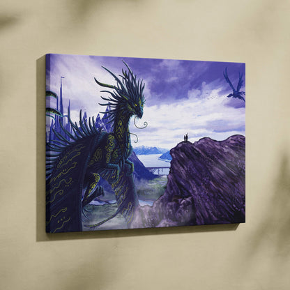 Dark dragon with glowing yellow markings over futuristic city and mountains canvas art