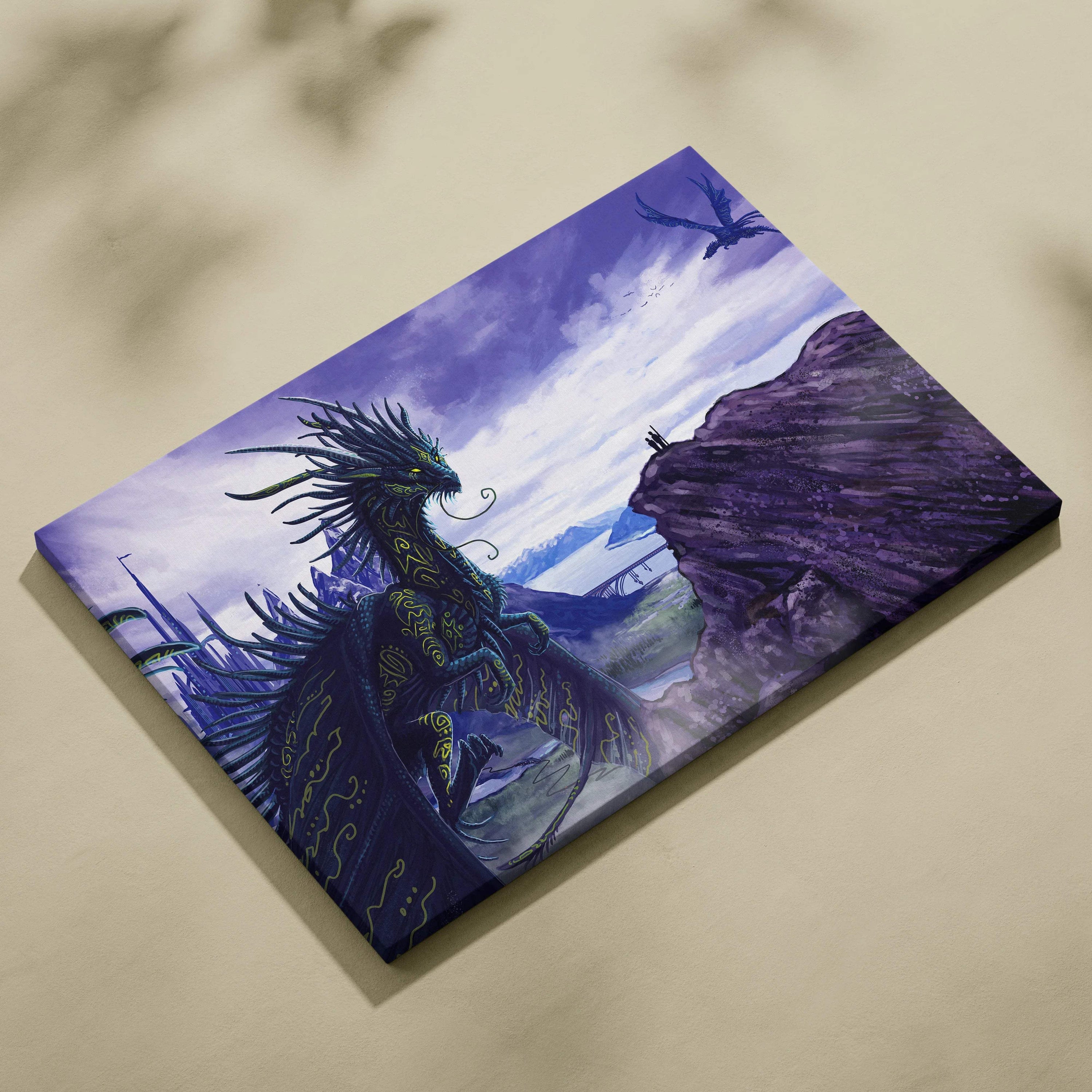 Epic fantasy dragon in deep blue purple neon green overlooking futuristic city and mountains canvas wall art