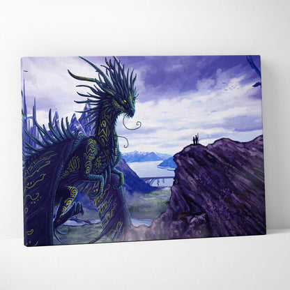 Dark blue dragon with gold patterns overlooking futuristic city and mountains canvas art