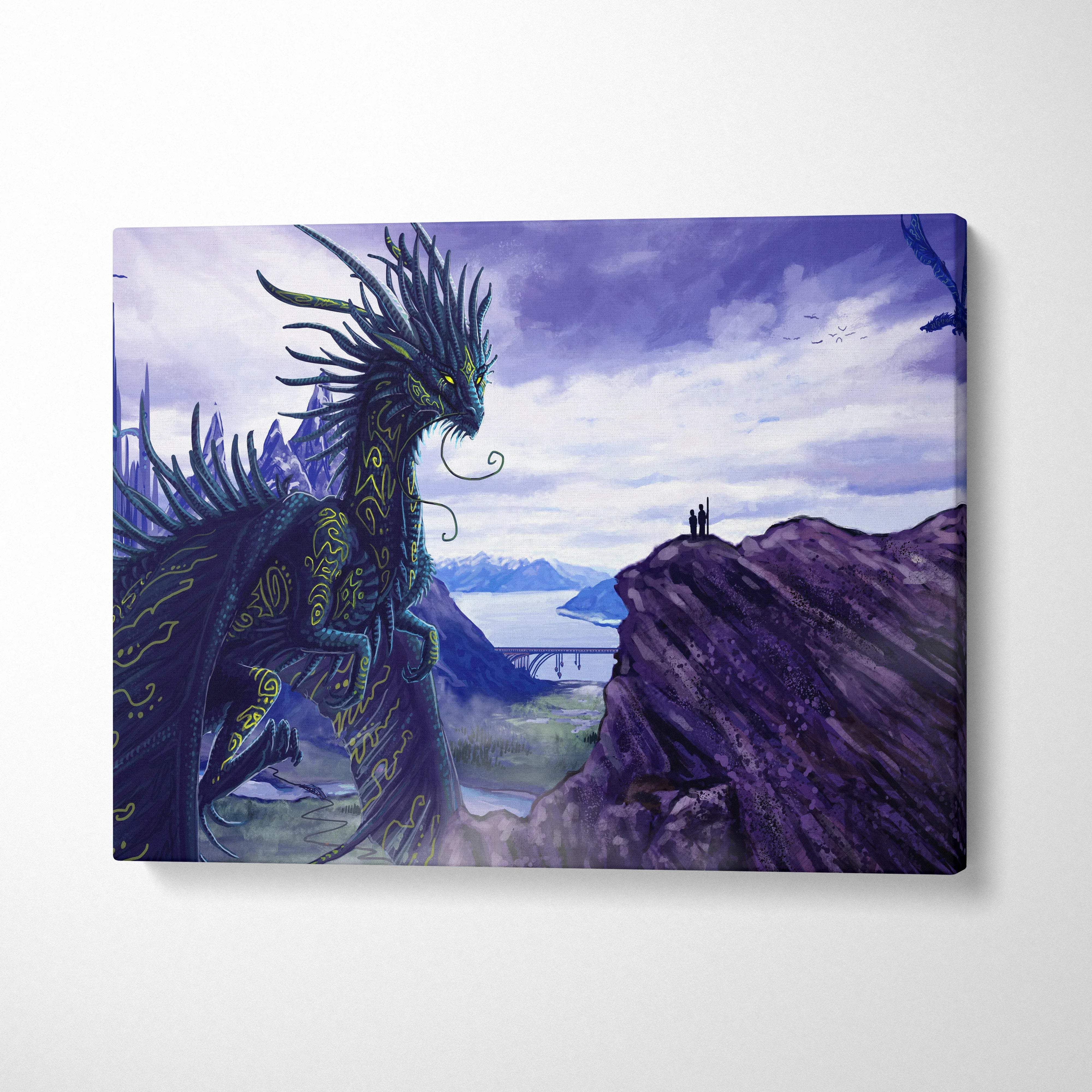 Epic fantasy dragon overlooking futuristic city and mountains canvas art