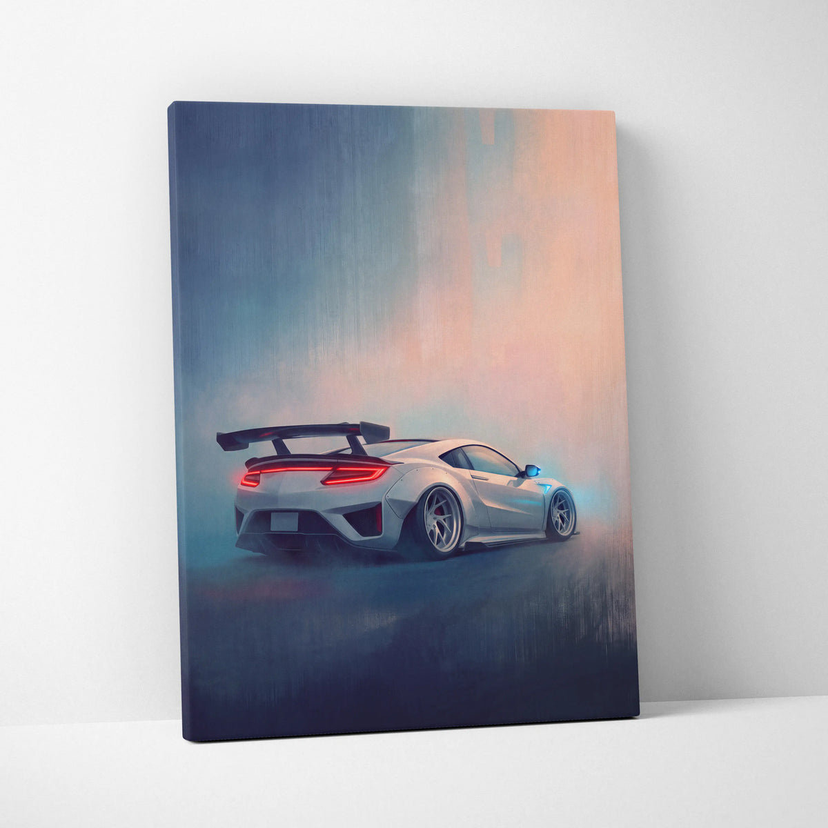 A sleek silver acura nsx inspired sports car with glowing red taillights and rear spoiler on canvas wall art print