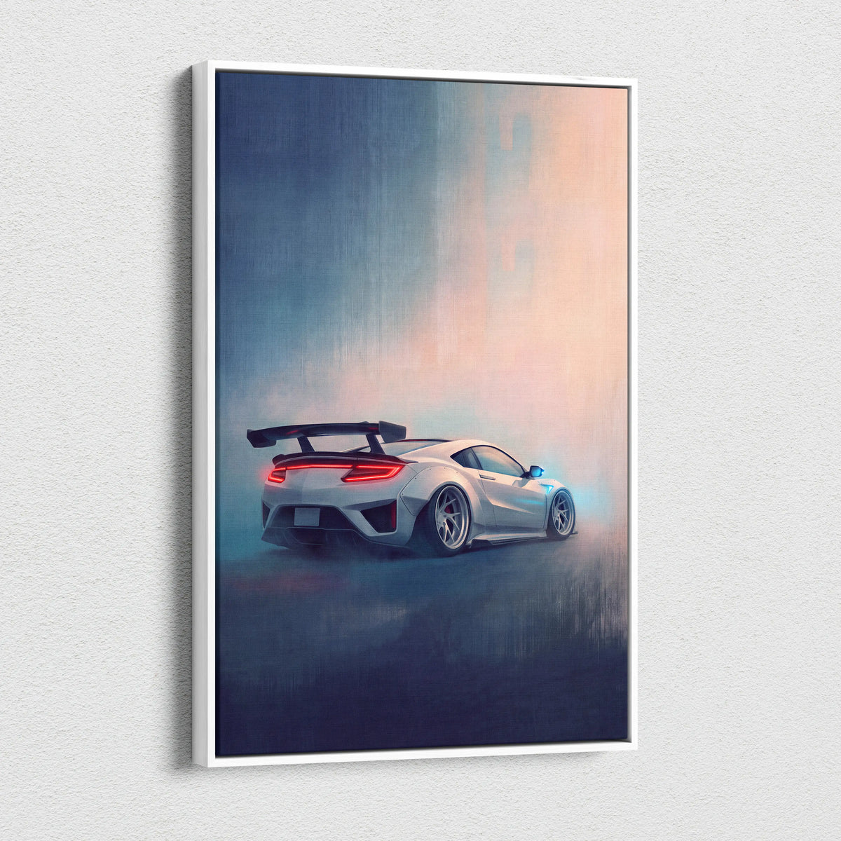 White framed canvas print featuring a silver Acura NSX inspired supercar with glowing red taillights and rear spoiler