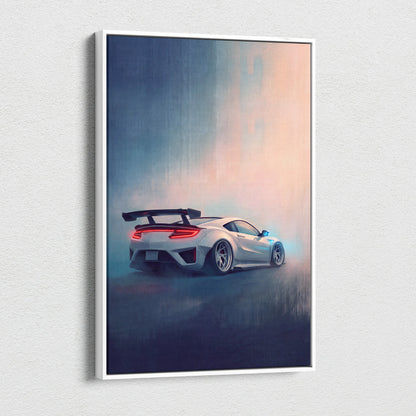 White framed canvas print featuring a silver Acura NSX inspired supercar with glowing red taillights and rear spoiler