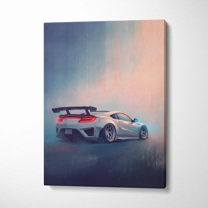 White acura nsx inspired supercar canvas art showing back with glowing red taillights and black rear spoiler