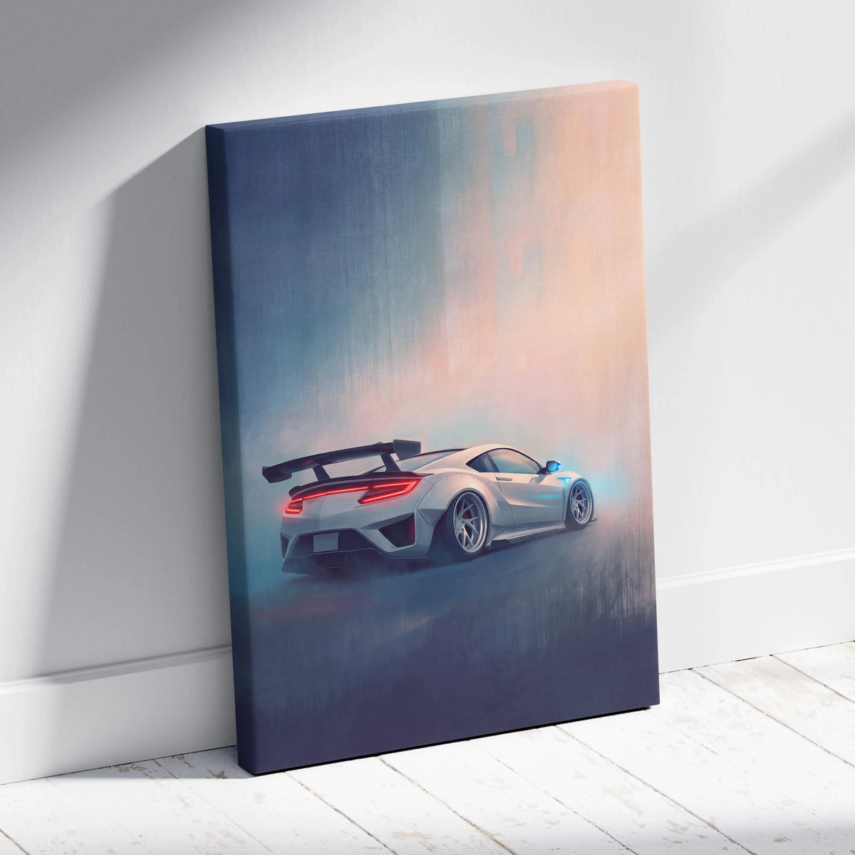 Silver Acura NSX inspired supercar canvas art print featuring sleek aerodynamic design and glowing red taillights