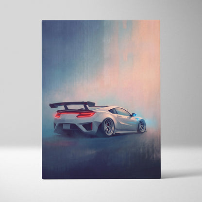 A sleek white acura nsx inspired supercar canvas art featuring the back with rear spoiler and glowing red taillights