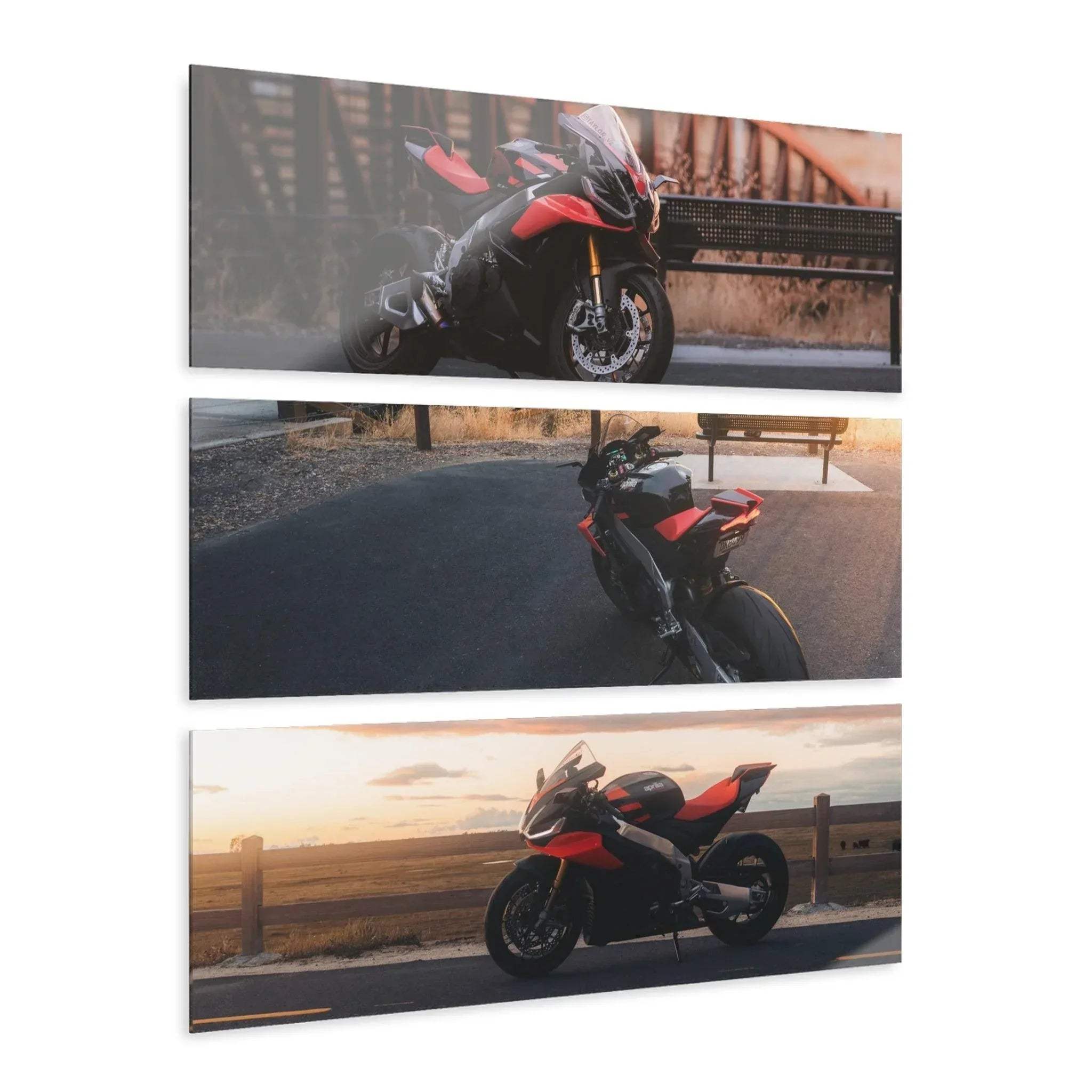 Set of three acrylic canvas wall art panels featuring Aprilia RSV4 1100 Factory motorcycle in dynamic outdoor settings.