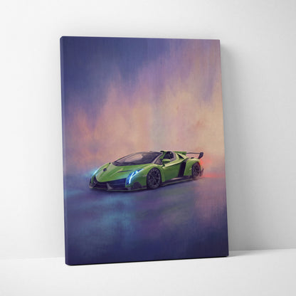 Vibrant green Lamborghini Veneno inspired car wall art canvas print with glowing blue and red accents on purple orange sky