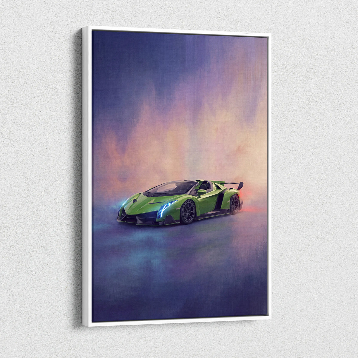 Green Lamborghini Veneno sports car stylized artwork on white framed canvas painting print for wall decor