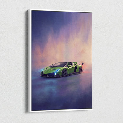 Green Lamborghini Veneno sports car stylized artwork on white framed canvas painting print for wall decor