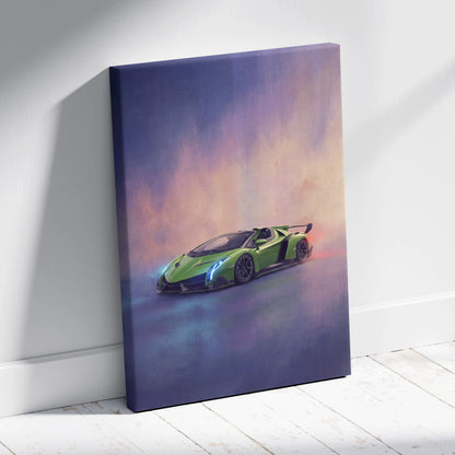 Vibrant green lamborghini veneno sports car on a stretched canvas print for lamborghini veneno inspired wall art