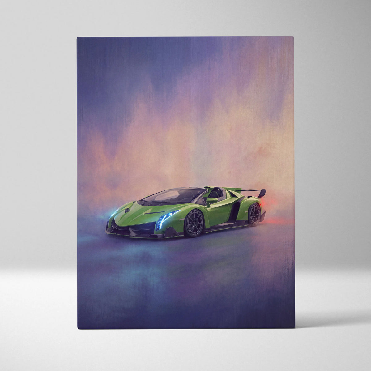 Lamborghini Veneno inspired car wall art featuring a vibrant green Roadster in a stylized atmospheric canvas print
