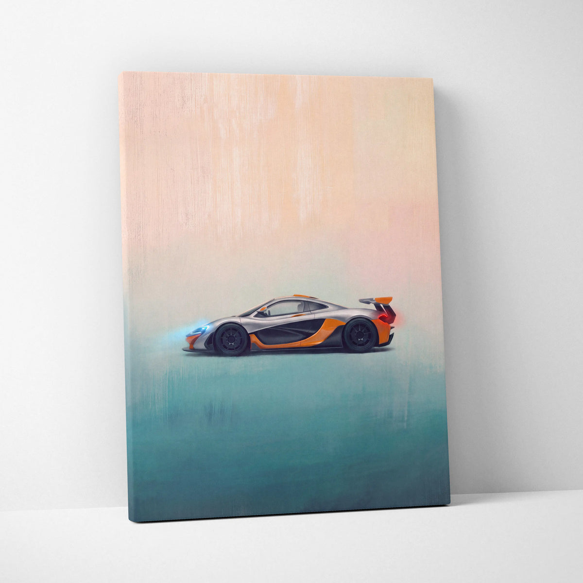 A sleek silver and orange mclaren p1 sports car depicted in a modern stylized painting on canvas wall art