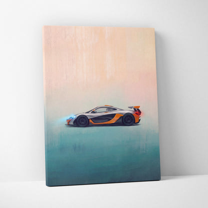 A sleek silver and orange mclaren p1 sports car depicted in a modern stylized painting on canvas wall art