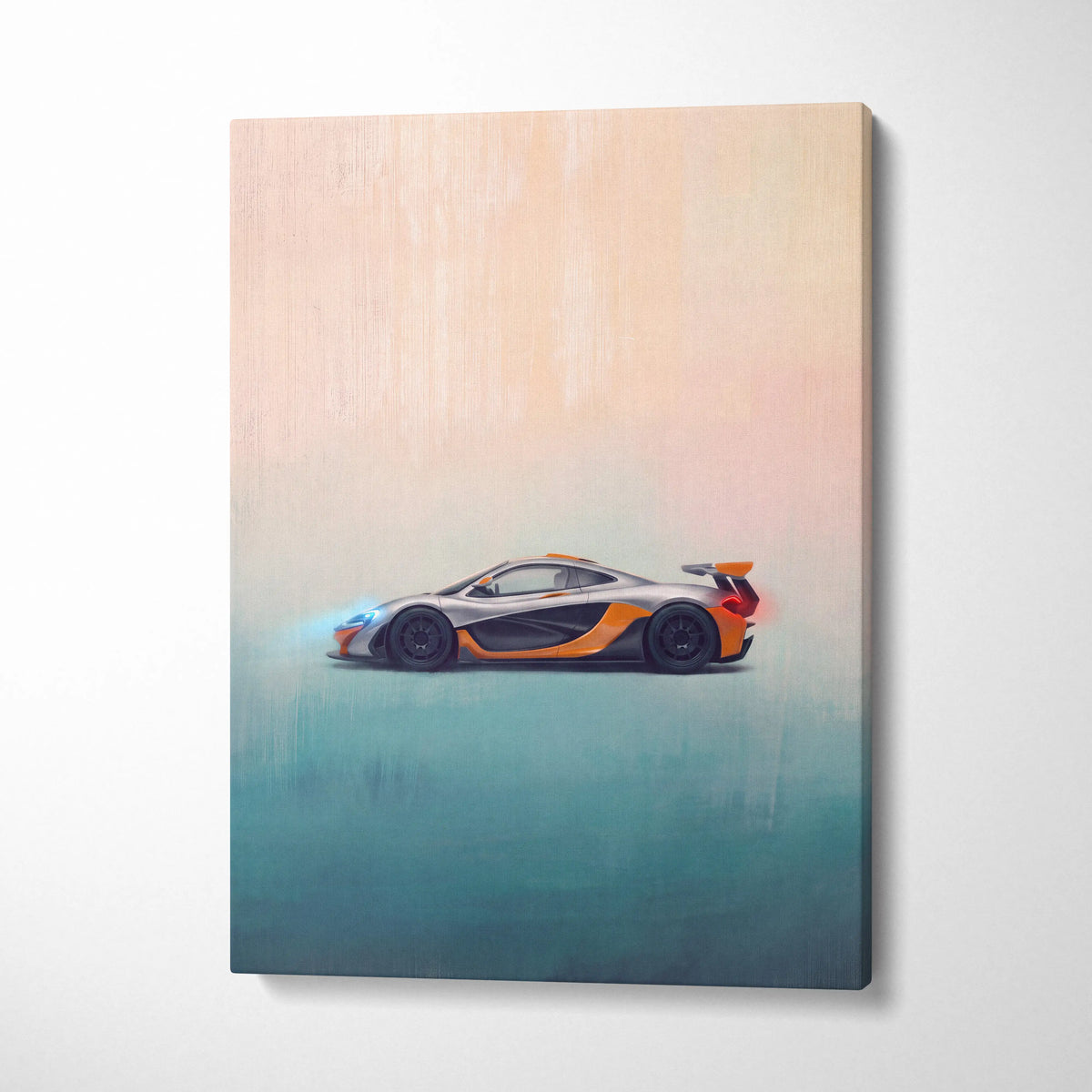 A sleek silver and orange McLaren P1 sports car painted on canvas in luxury supercar wall art print
