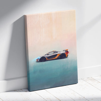 A vibrant orange and silver McLaren P1 sports car illustration printed on a luxury canvas wall art
