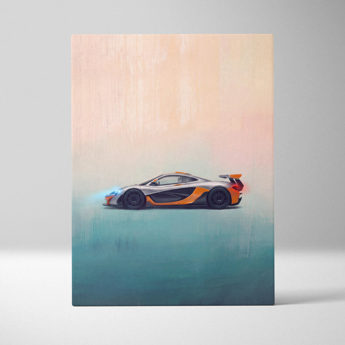 Silver and orange McLaren P1 inspired luxury supercar canvas print for automotive wall art decor