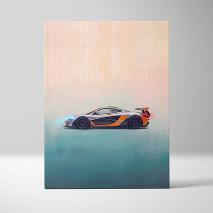 Silver and orange McLaren P1 inspired luxury supercar canvas print for automotive wall art decor