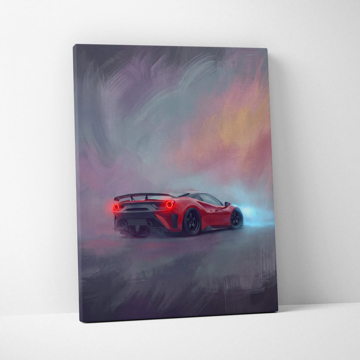 Red Ferrari F8 Tributo sports car stylized painting on canvas custom car wall art print for home decor