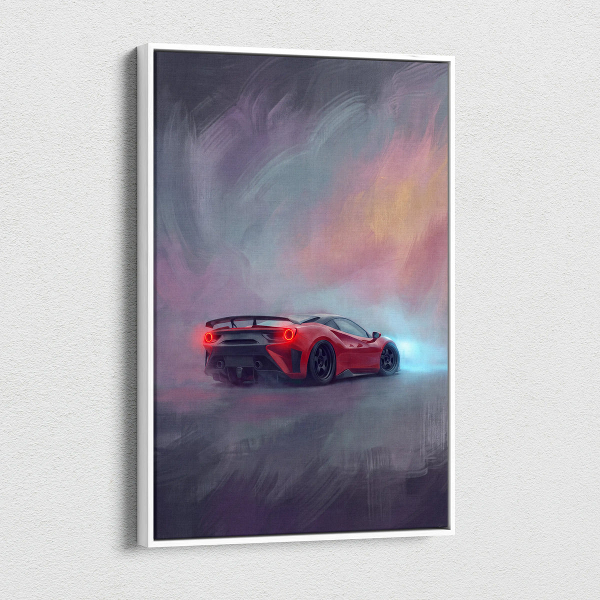 Red ferrari f8 tributo inspired supercar canvas art featuring a dynamic painting with glowing red taillights and swirling skies