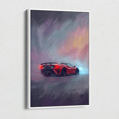 Red ferrari f8 tributo inspired supercar canvas art featuring a dynamic painting with glowing red taillights and swirling skies
