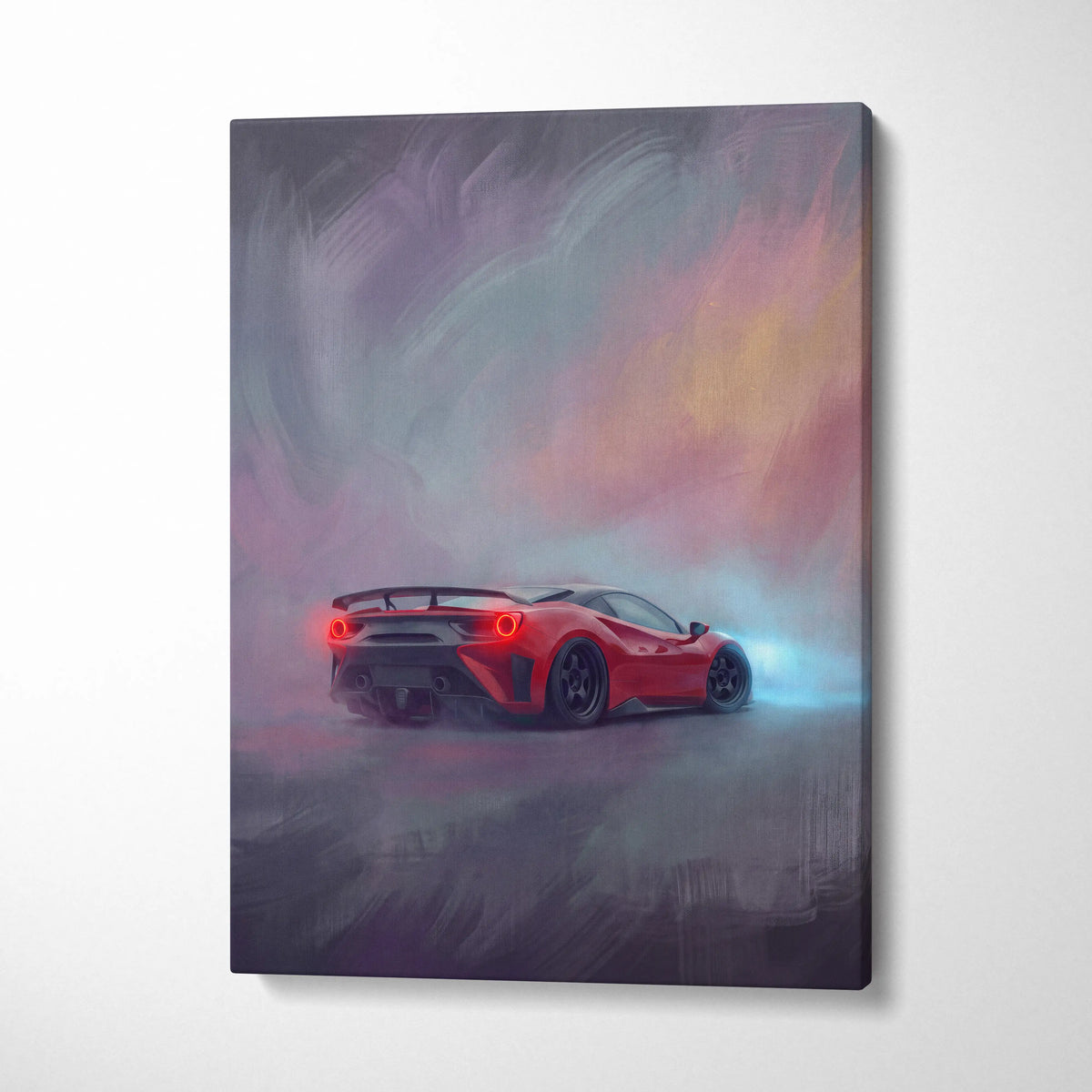 Red ferrari f8 tributo inspired supercar canvas art with glowing taillights and dynamic blue light effects