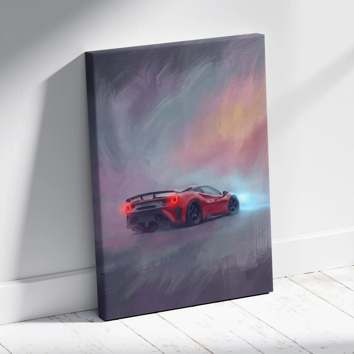 Red ferrari f8 tributo inspired supercar canvas art print with glowing headlights and colorful sky backdrop