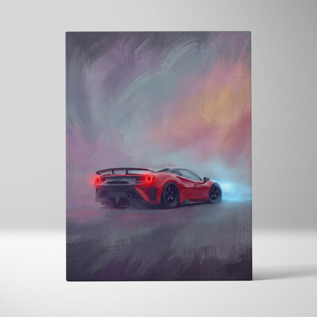 Red ferrari f8 tributo inspired supercar canvas art showing back side with glowing taillights and black spoiler