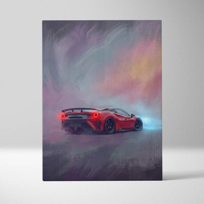Red ferrari f8 tributo inspired supercar canvas art showing back side with glowing taillights and black spoiler