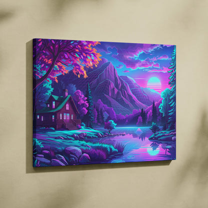 Vaporwave Neon Mountain Vista - Landscape Neon Pink Purple Living Room Vaporwave - Dreamy Neon Mood Canvas