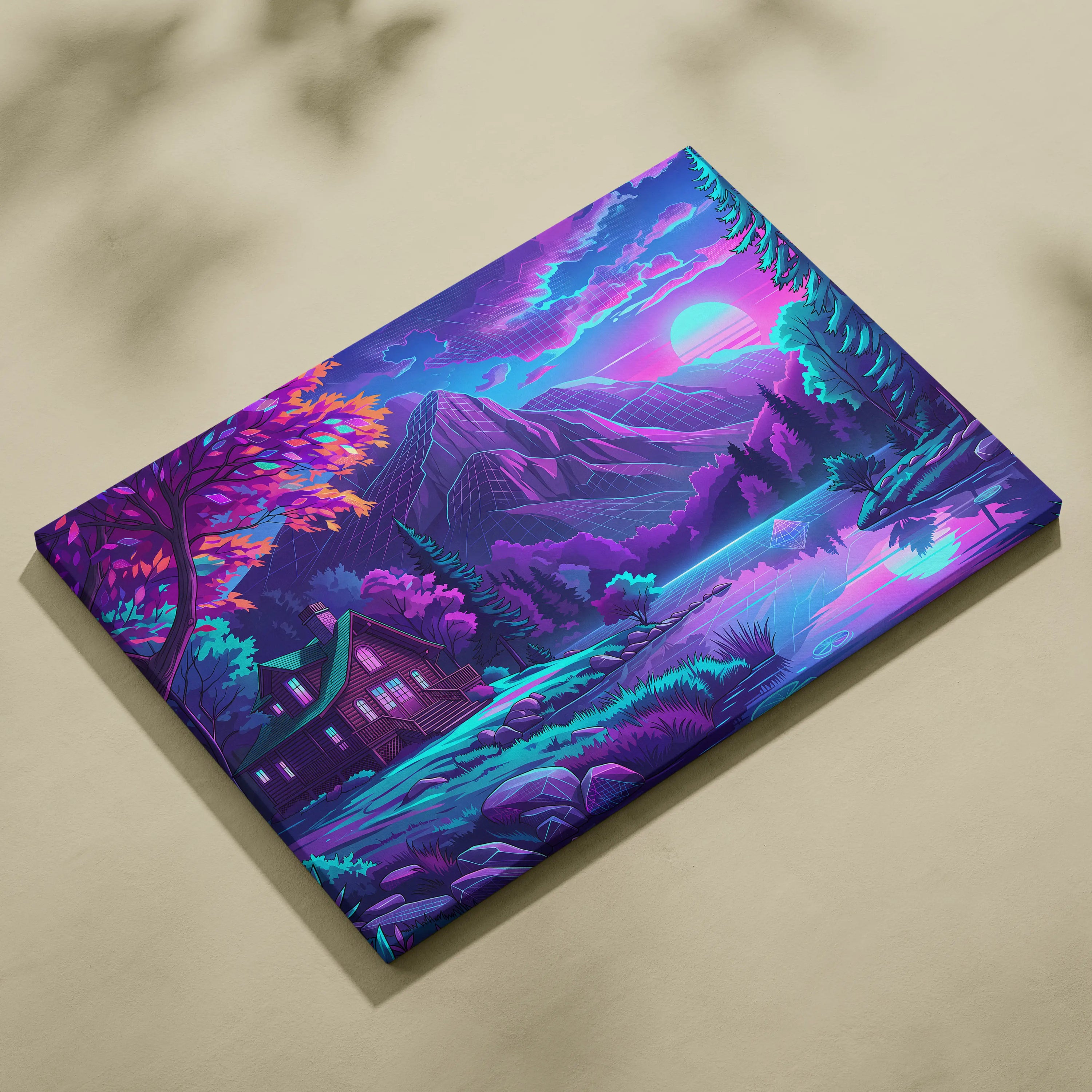 Vaporwave Neon Mountain Vista - Landscape Neon Pink Purple Living Room Vaporwave - Dreamy Neon Mood Canvas