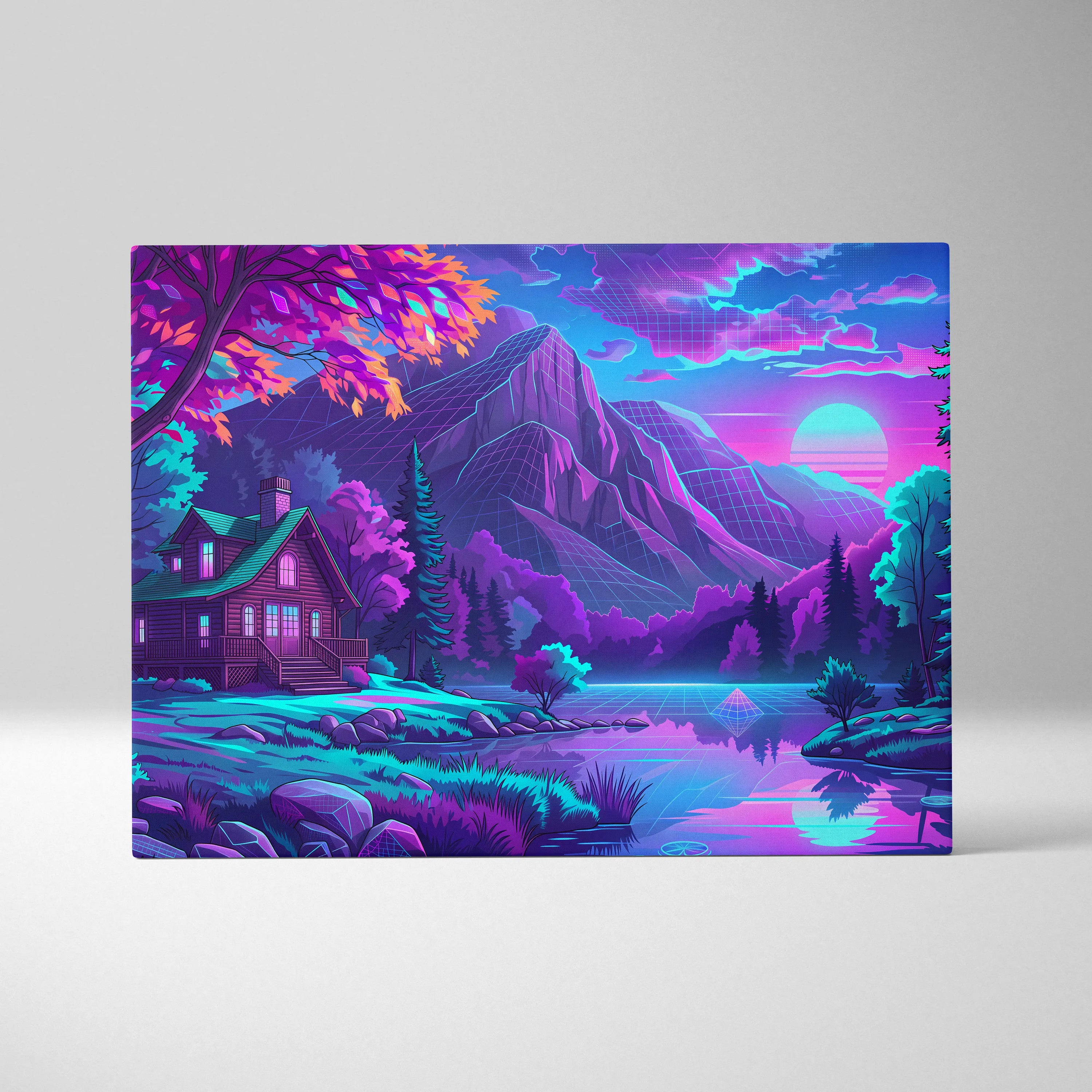 Vaporwave Neon Mountain Vista - Landscape Neon Pink Purple Living Room Vaporwave - Dreamy Neon Mood Canvas