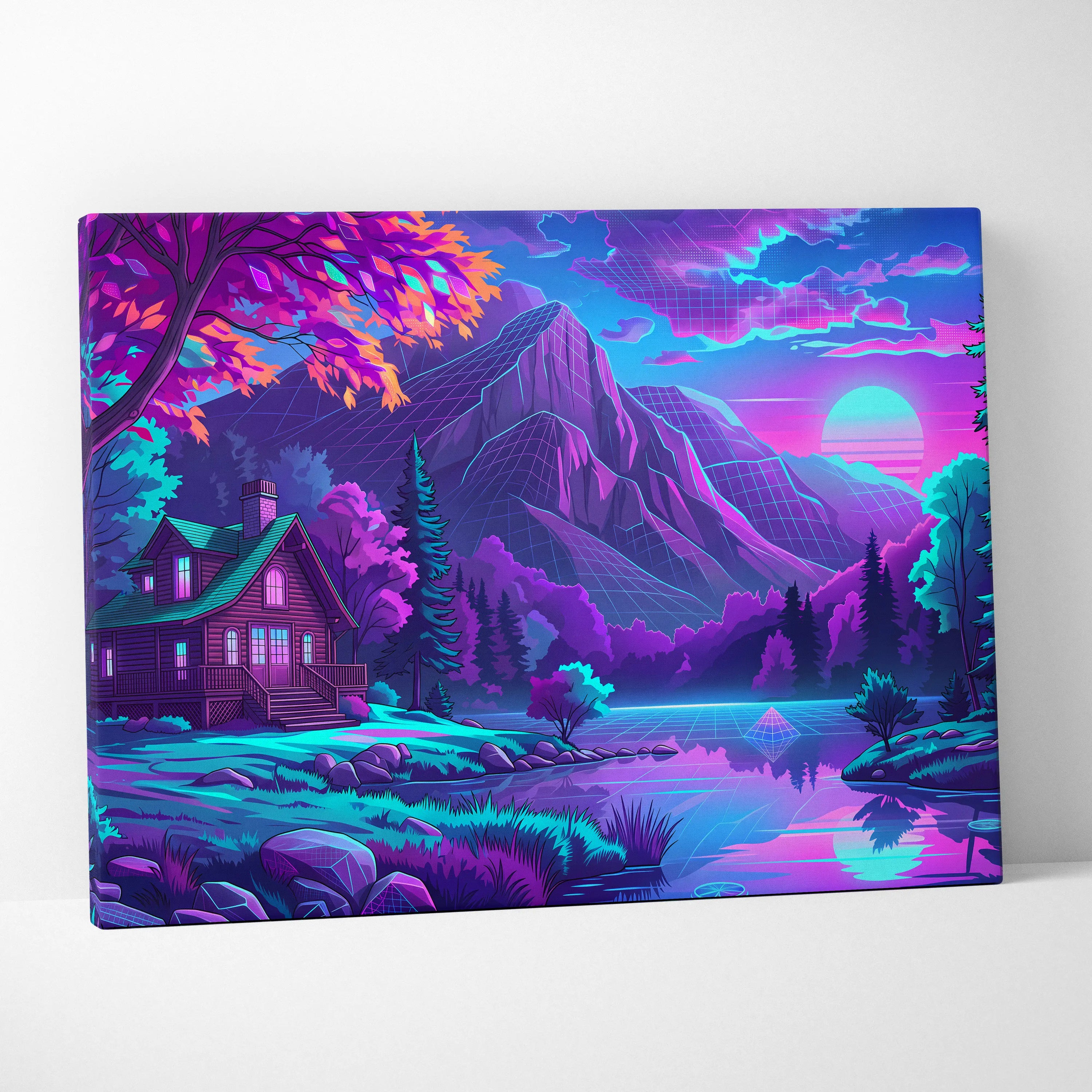 Vaporwave Neon Mountain Vista - Landscape Neon Pink Purple Living Room Vaporwave - Dreamy Neon Mood Canvas