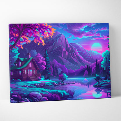 Vaporwave Neon Mountain Vista - Landscape Neon Pink Purple Living Room Vaporwave - Dreamy Neon Mood Canvas