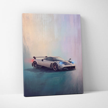 Pagani Huayra BC inspired car wall art featuring a sleek silver sports car with blue headlights on canvas print