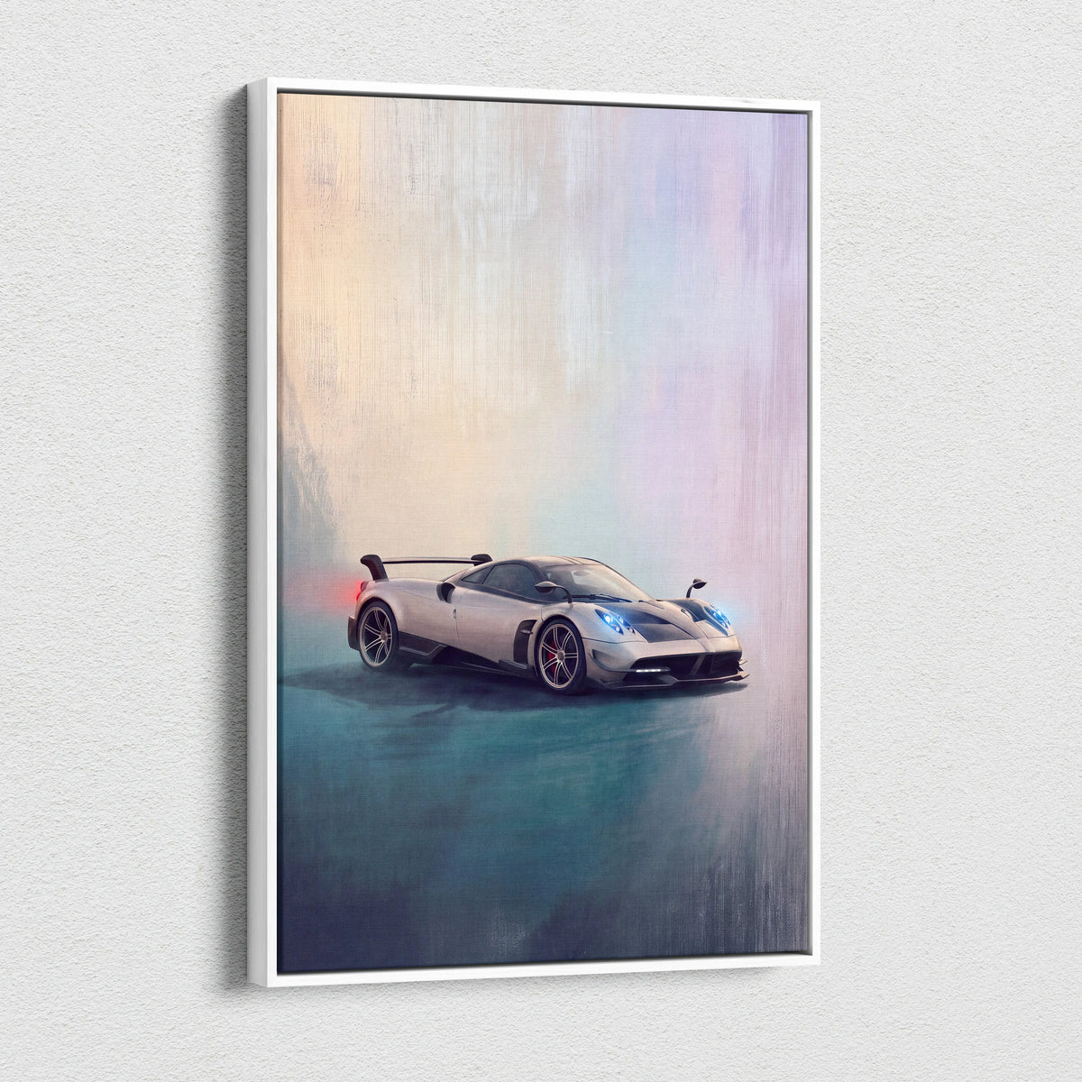 Silver pagani huayra bc sports car canvas painting print in white frame for wall art track edition
