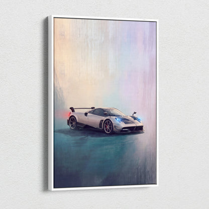 Silver pagani huayra bc sports car canvas painting print in white frame for wall art track edition