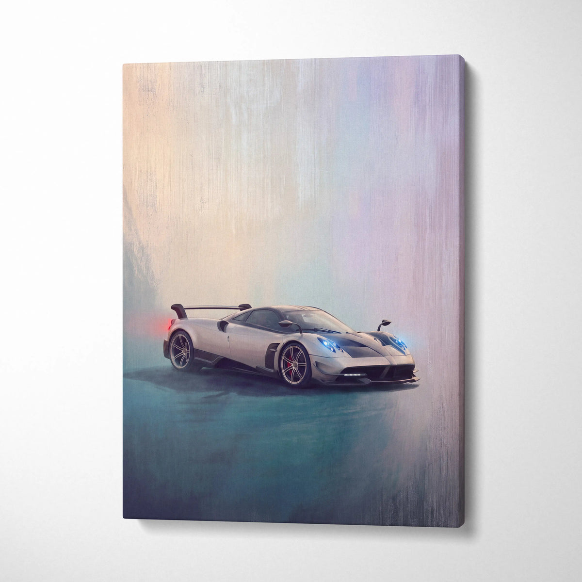 Pagani huayra bc inspired car wall art featuring a sleek silver sports car with blue headlights and red taillights in mist
