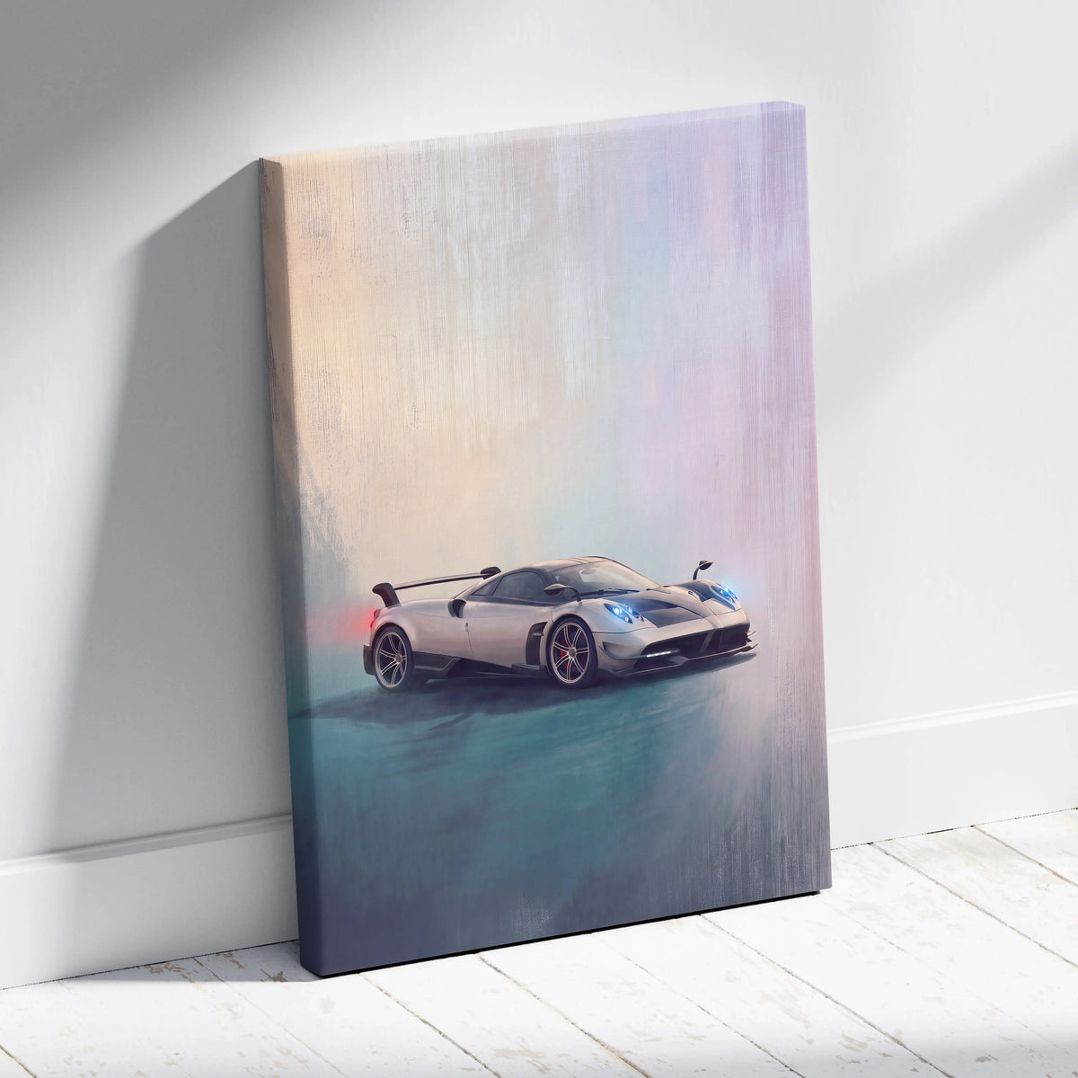 Pagani huayra bc inspired car wall art featuring a sleek silver sports car with glowing blue headlights on canvas
