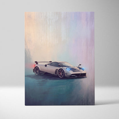 Silver pagani huayra bc hypercar with blue headlights and red taillights on track edition canvas wall art print