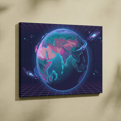 Neon Globe Vaporwave Canvas - Globe Pink Blue Wall Art Vaporwave, Dreamy Mood, Cyberpunk Neon Decor, Canvas Print